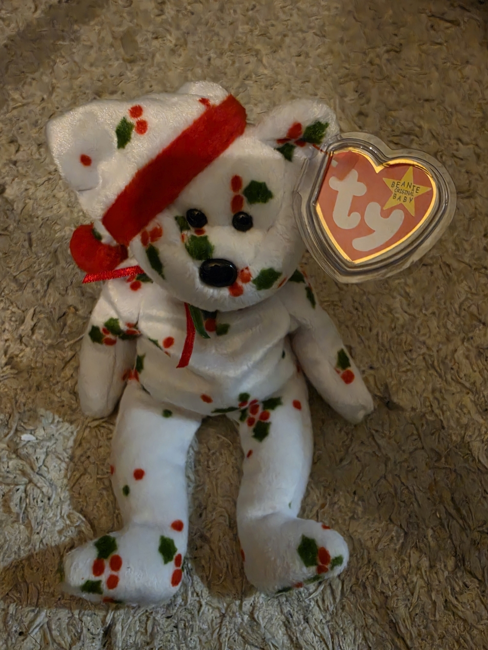Ty Holiday Plush Bear in White with Red & Green Holly Print